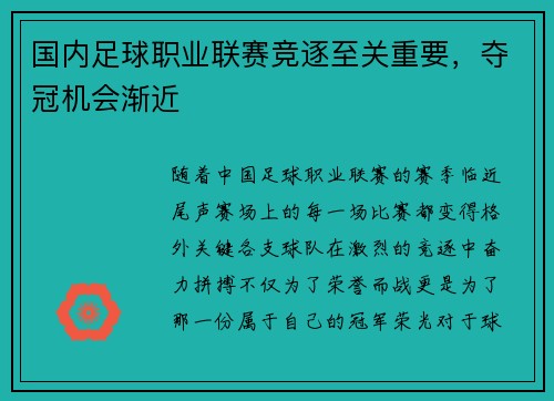 国内足球职业联赛竞逐至关重要，夺冠机会渐近