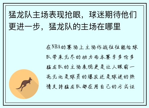 猛龙队主场表现抢眼，球迷期待他们更进一步，猛龙队的主场在哪里