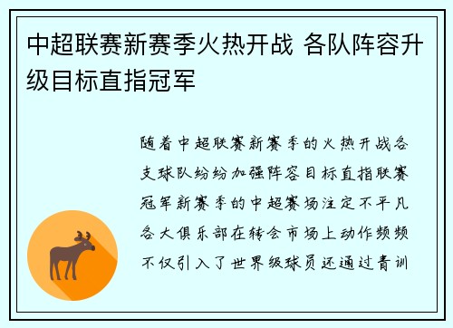 中超联赛新赛季火热开战 各队阵容升级目标直指冠军 中超联赛新赛季火热开战 各队阵容升级目标直指冠军