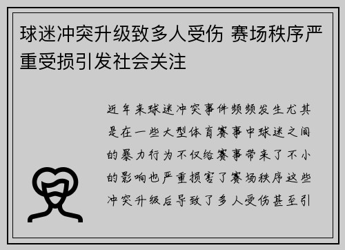 球迷冲突升级致多人受伤 赛场秩序严重受损引发社会关注 球迷冲突升级致多人受伤 赛场秩序严重受损引发社会关注